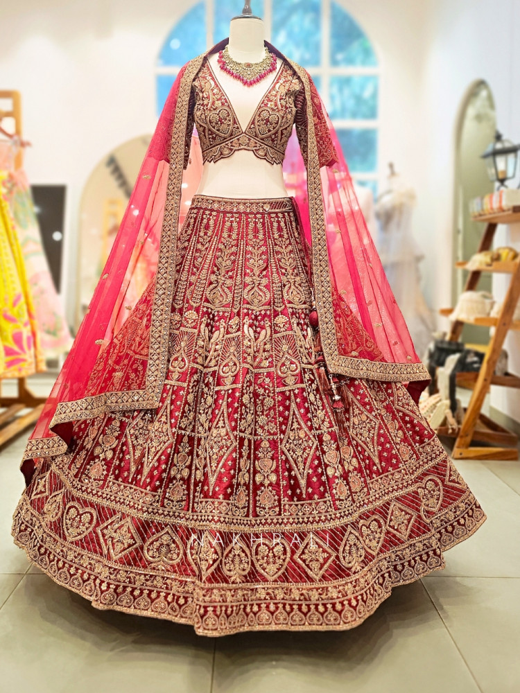 Image of Aarini Maroon Velvet Bridal Lehenga with Zardozi Embroidery