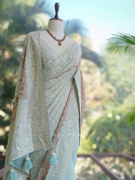 Ecru Grace Sea Green Embroidered Elegance Saree with Sequin Detailing