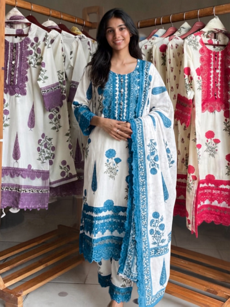 Image of Serene Earth Blue Crochet Palazzo Suit