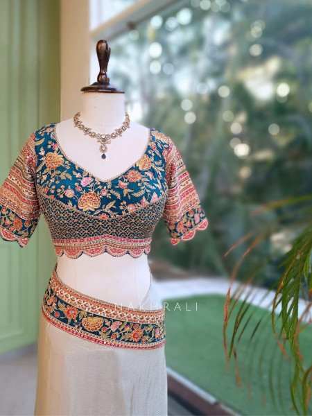 Mehr Cream & Teal Blue Fusion Saree