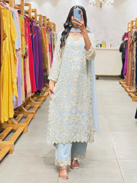 reevaya Light Blue Georgette Kurta Set with Thread Embroidery