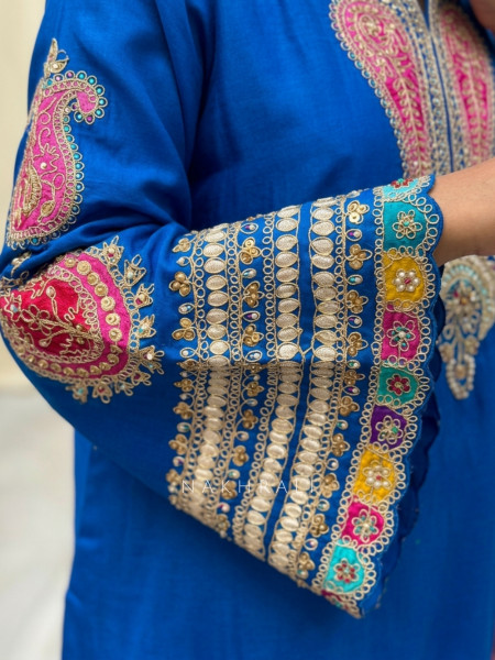 Resham Rang Blue Silk Blend Farshi Suit Set With Zari, Zardozi & Resham Embroidery