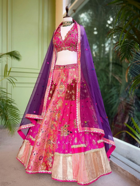 Aarvi Magenta Silk Bridal Lehenga with Zari and Sequin Work