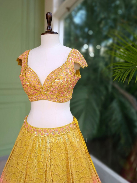 Ishara Yellow Sequin Lehenga Set with Floral Cut Dana Work