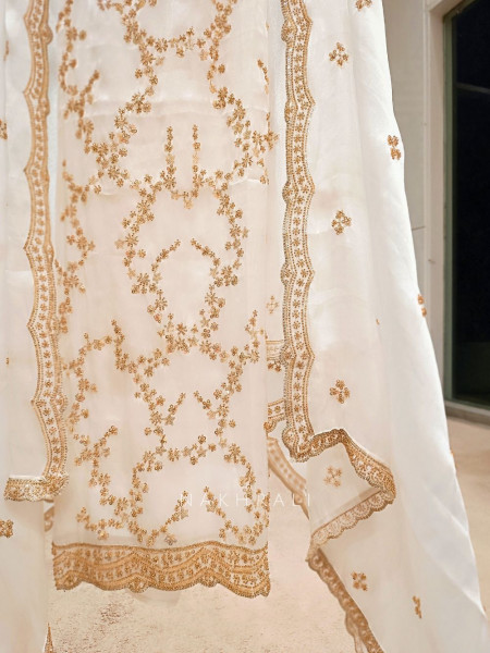 Vanilla Hue Ivory Tissue Dress Material with Sequin & Cut Dana Work