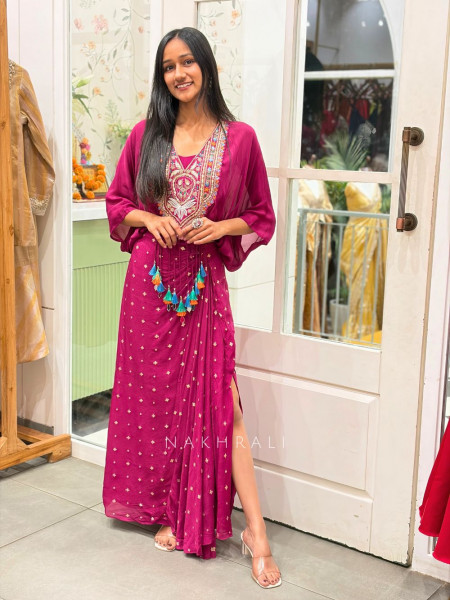 Boho Pink Chinon Drape Skirt Set with Embroidered Tassel Yoke
