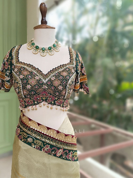 Navpallav Bottle Green Tissue Saree with Sequin Bead Embroidery