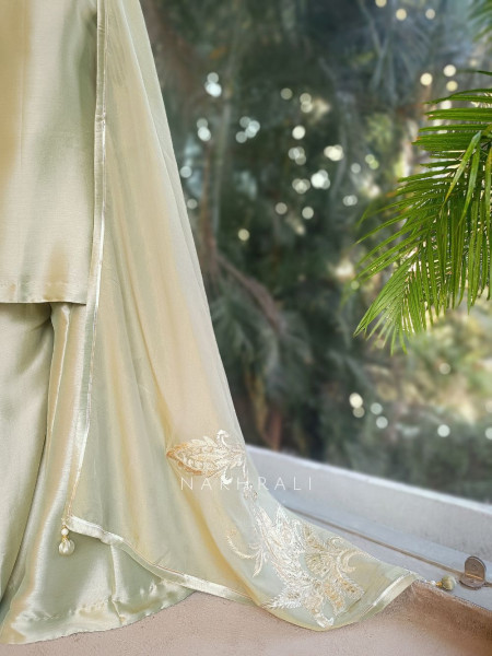 Roselle Pista Green Zari & Sequin Kurta Palazzo Set