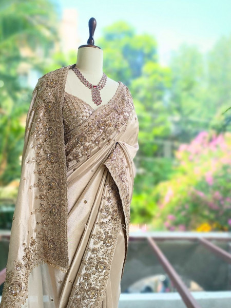Dhwani Beige Saree With Sequin & Embroidery