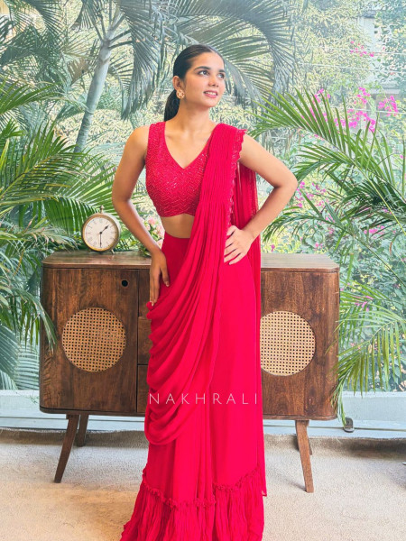 Serenara Red Drape Saree with Embellished Cape