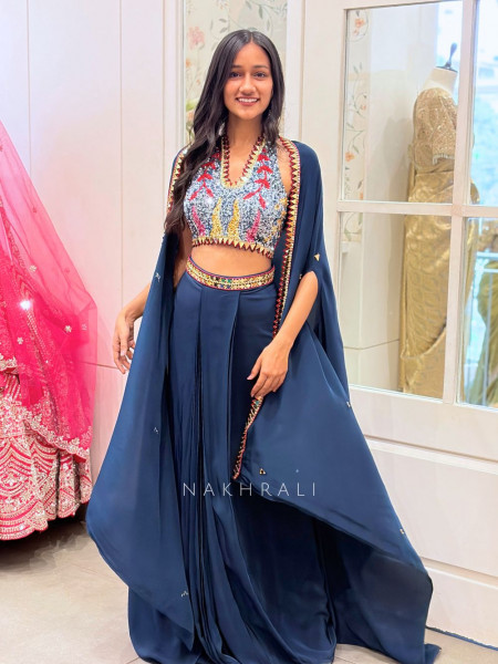Willow Navy Blue Halter Indo-Western Set with Cape Shrug