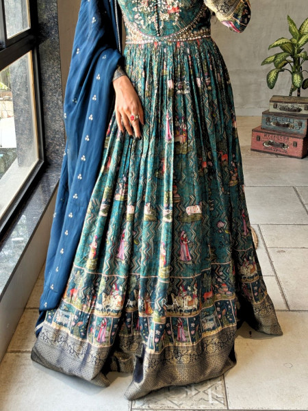 Zorika Teal Printed Anarkali Suit Set with Sequin Zari Work