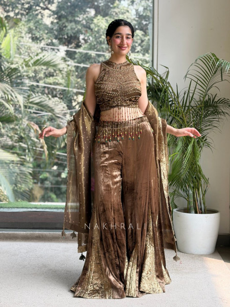 Nazneen Mehndi Green Velvet Indo-Western Crop Top Palazzo