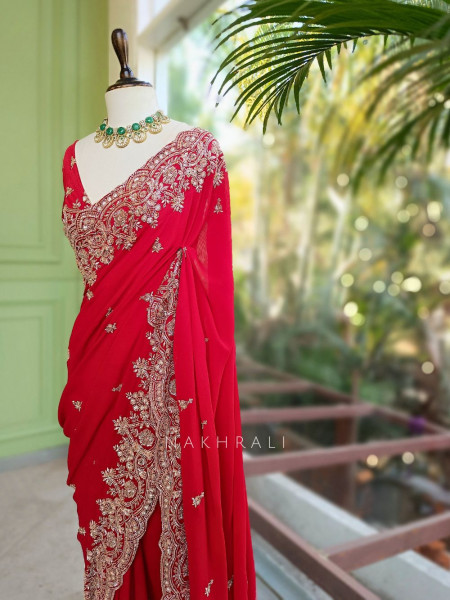 Rivaya Red Saree with Cut Dana and Sequin Work