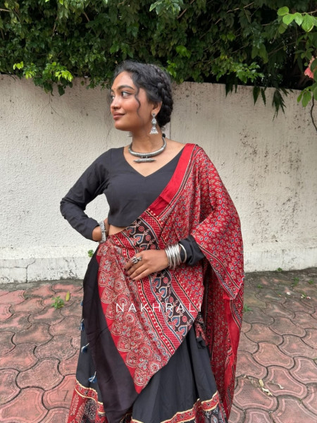 Pravika Black Pure Cotton Chaniya Choli Ajrakh Kalamkari Patchwork & Gota Detail