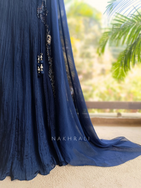 Midnight Blue Indo Western Lehenga with Bead Fringe and Sequin Embellishment