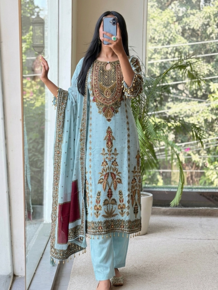 Image of Powder Blue Straight Kurta Suit Set