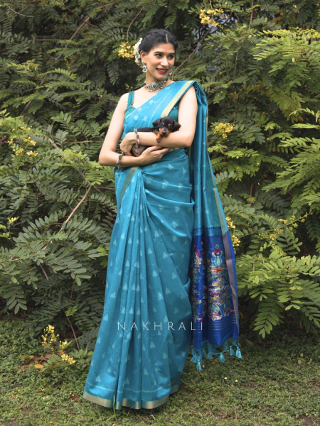 Mayur Blue Chanderi Saree with Floral Ikat Print