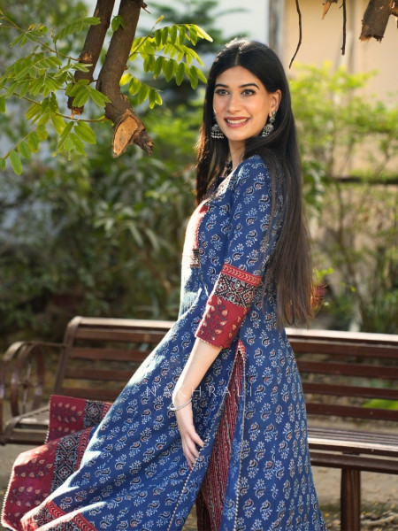 Noori Blue Cotton Flared Kurta