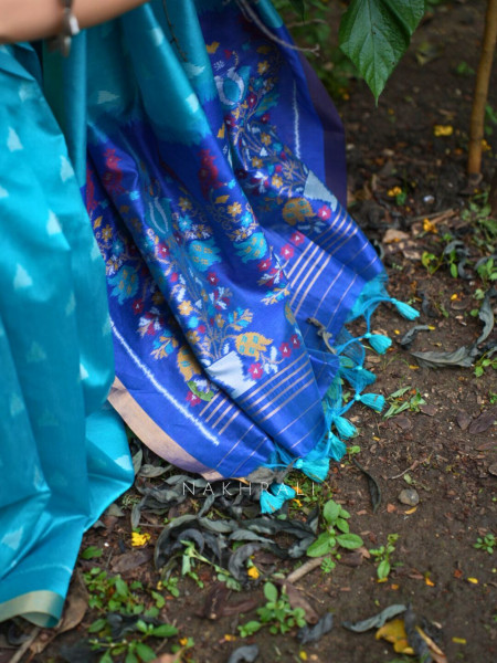 Mayur Blue Chanderi Saree with Floral Ikat Print