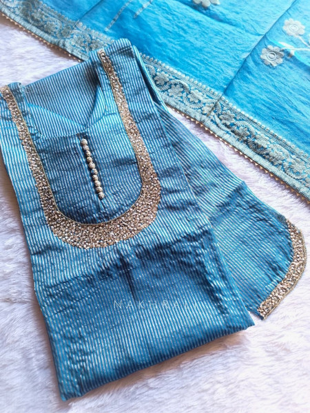 Noorline Glow Blue Semi-stitched Dress Material with Sequin and Cut Dana Work