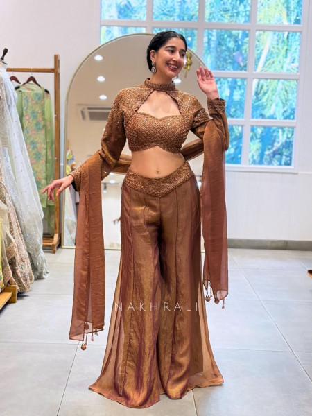 Nyra Brown Indo-Western Palazzo Set with Embroidered Jacket Detail