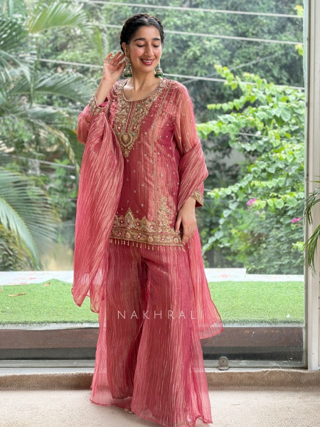 Mrinalika Peach Metallic Tissue Silk Suit Set
