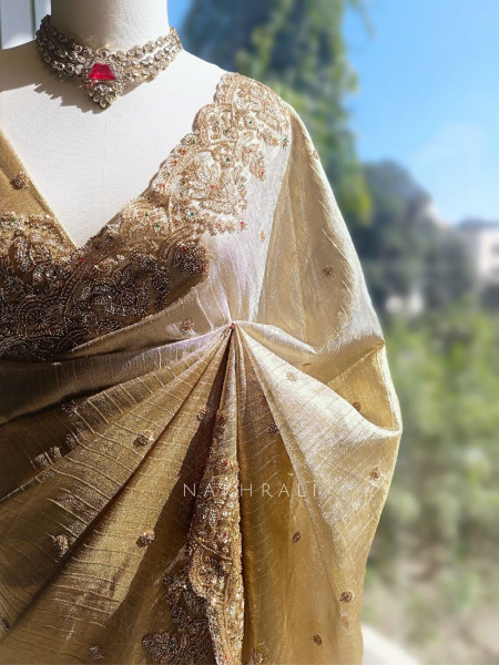 Vilasya Golden Beige Saree with Cut Dana Sequin Work