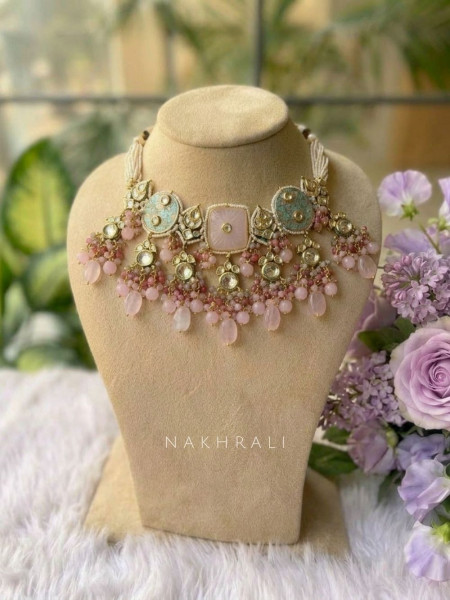 Royal Pink Choker Necklace Set with Meenakari & Pearl Drops