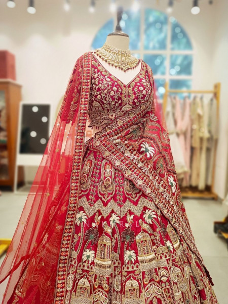 Veloria Red Bridal Lehenga with Zari and Sequin Work