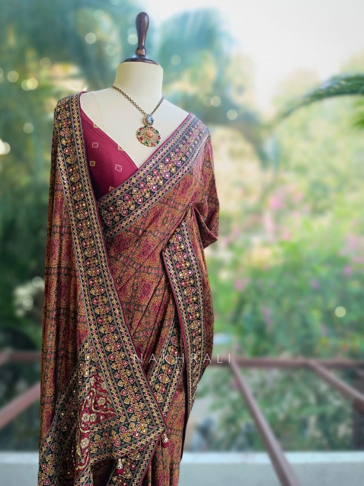 Image of Maroon Ajrak Print Modal Silk Saree