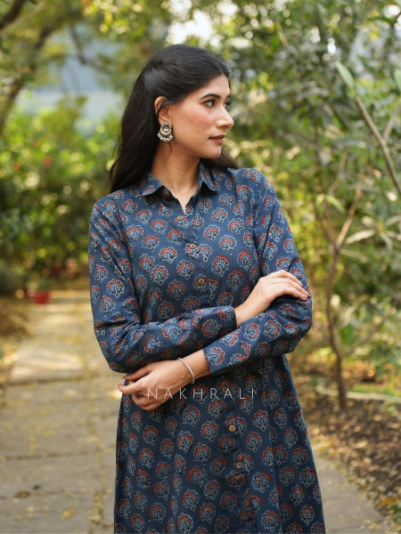 Rihana Blue Cotton Block Printed Button-Down Dress