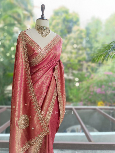 Chitranga Onion Pink Banarasi Brocade Saree with Embellished Border
