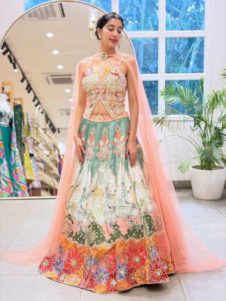 Vrindavan Palace Silk Lehenga with Jewel-Tone Asymmetric Corset