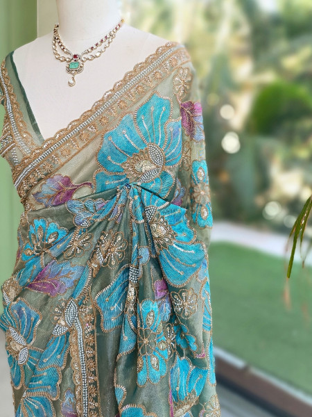 Firoza Bagh Olive Sage Green Organza Saree with Oversized Floral Resham Embroidery