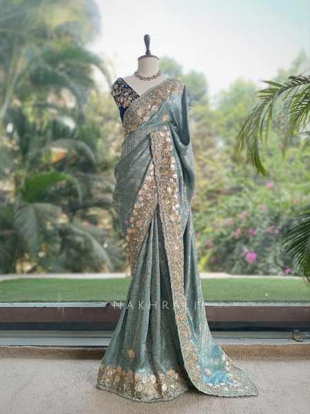 Symphony Sea Green Saree with Zardozi Floral Embroidery