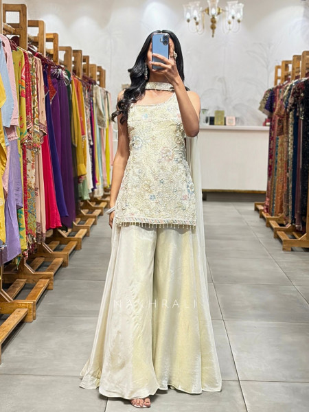 Noirvi Cream Chinon Kurta Palazzo Set with Cut Dana Sequin Work