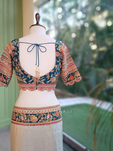 Mehr Cream & Teal Blue Fusion Saree
