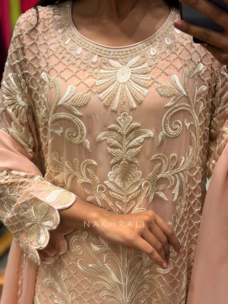 reevaya Peach Georgette Kurta Set with Thread Embroidery