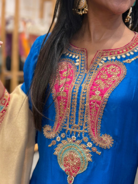 Resham Rang Blue Silk Blend Farshi Suit Set With Zari, Zardozi & Resham Embroidery