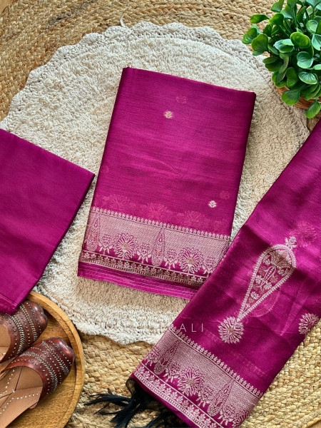 Elegant Woven Border Magenta Color Dress Material