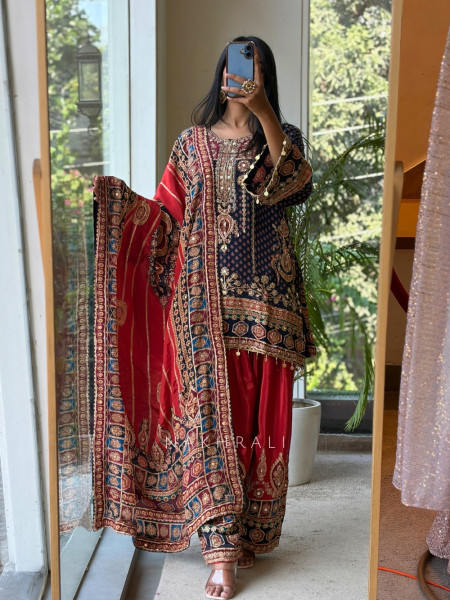 Aura-Miyan Blue Crepe Silk Farshi Suit Set