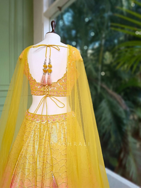Ishara Yellow Sequin Lehenga Set with Floral Cut Dana Work