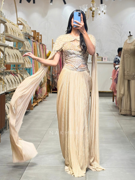 Aurum Shimmer Beige Corset Crop Top Skirt Set with Liquid Cape