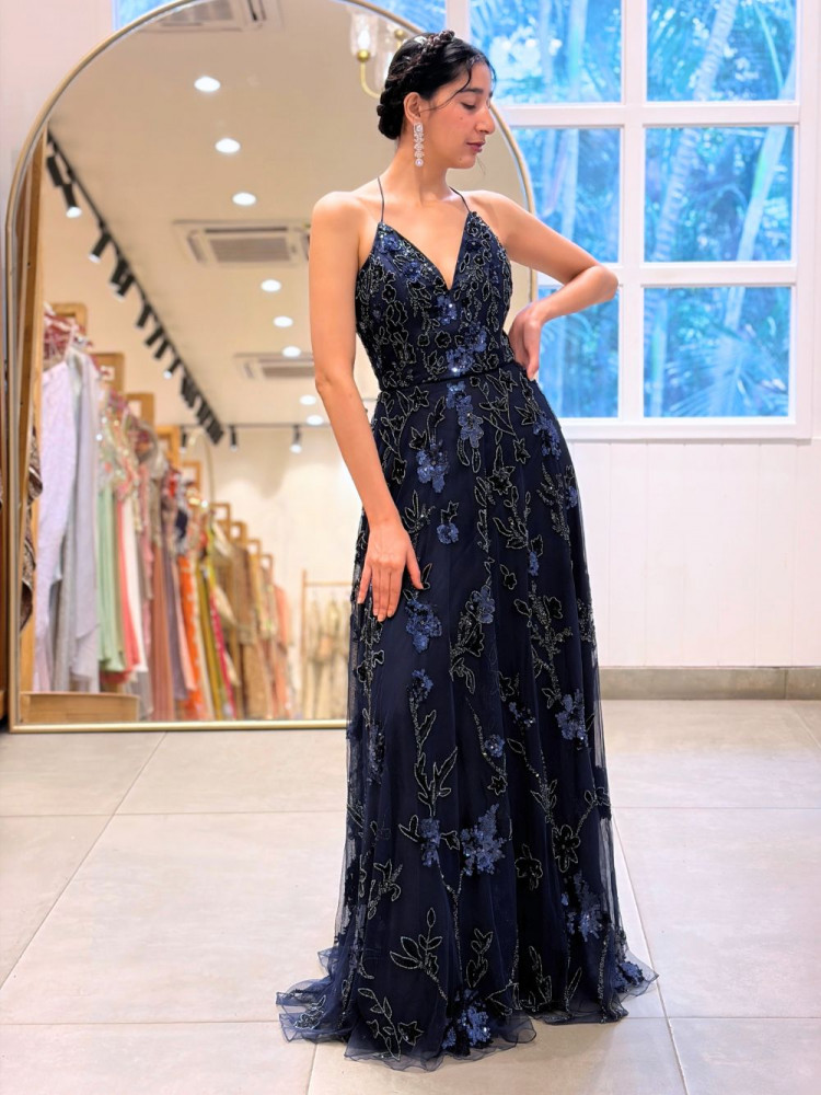 Image of Afra Cutdana Encrusted Flared Navy Blue Gown
