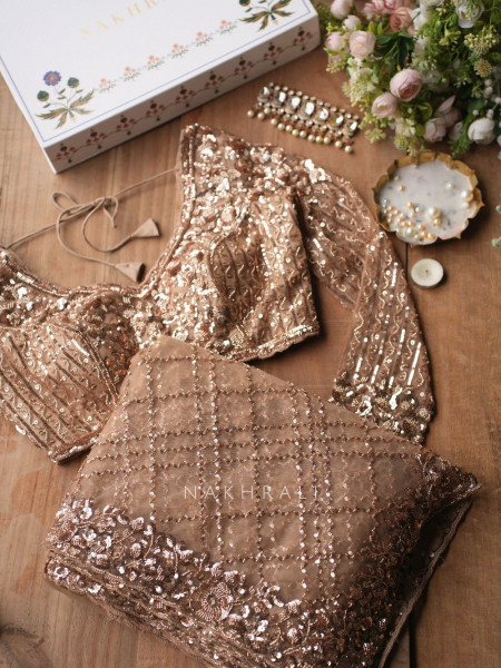 Suhana Brown Handworked Net Saree with Readymade Blouse