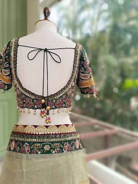 Navpallav Bottle Green Tissue Saree with Sequin Bead Embroidery