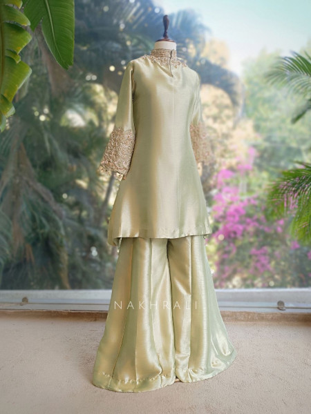 Roselle Pista Green Zari & Sequin Kurta Palazzo Set