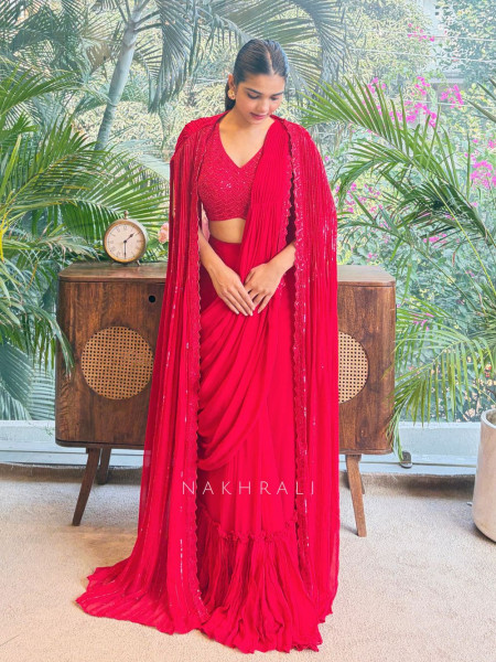 Serenara Red Drape Saree with Embellished Cape