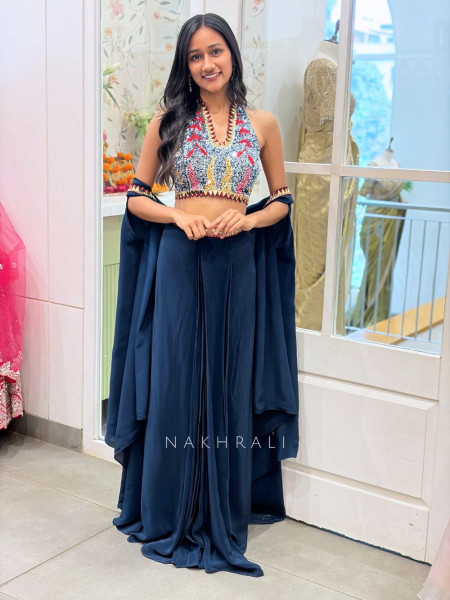 Willow Navy Blue Halter Indo-Western Set with Cape Shrug